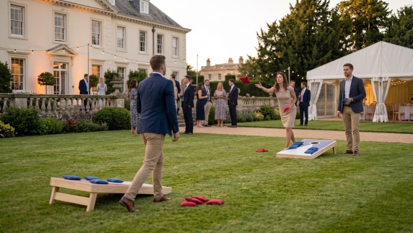Cornhole en bois à louer, jeu de lancer de sacs pour événement dans un jardin en Normandie